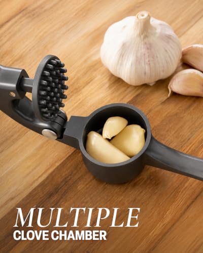 Image of Zulay Kitchen Premium Garlic Press Set - Rust Proof Professional Garlic Mincer Tool - Easy-Squeeze, Easy-Clean with Soft, Ergonomic Handle - Silicone Garlic Peeler & Brush-Dark Gray
