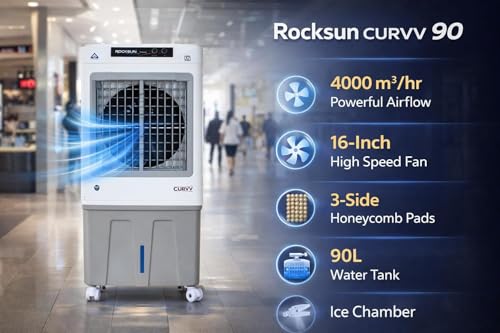 Image of Rocksun Curvv Desert Air Cooler with Honeycomb Pads, 16-Inch Fan, 4000 m /hr Airflow, Auto Swing Louvres, 3-Side Cooling, Powerful 200W Desert Air Cooler for Home & Office (Curvv 90.)