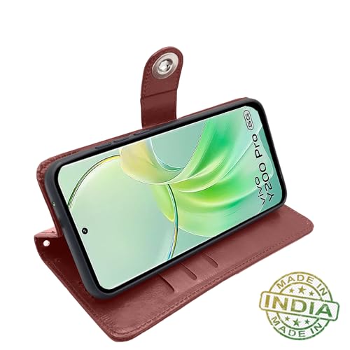 Image of Pikkme Vivo Y200 Pro 5G Flip Cover Leather Finish | Inside TPU with Card Pockets | Wallet Stand and Shock Proof | Complete Protection Button Flip Case (Brown)