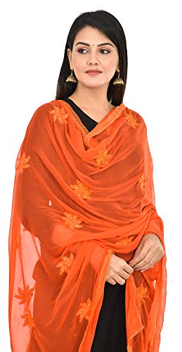 Image of YOUTHQUAKE Flower Embroidered Diamond Work Chiffon Dupatta for Womens & Girls With 4 Side Lace