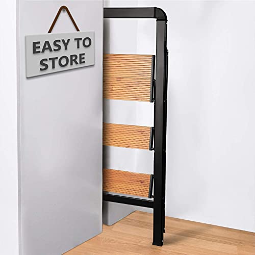 Acstep Aluminum 3 Step Ladder, Lightweight Folding Step Stool With Long Handle, Anti-Slip Study Pedal, Classic Wood Look Without Wood Worry Step Ladder, Hold Up To 330Lb (Three Steps) #TOP5