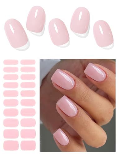 AutyaMee Semi Cured Gel Nail Strips (Jelly Pink) Clear Sheer 20 Pcs Gel Nail Wraps Stickers UV Light Required Salon Quality Long Lasting