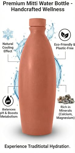 Image of Bindian Handcrafted Terracotta Water Bottle, Natural Clay Mitti Bottle with pH Balancing, Mineral Rich Calcium Magnesium, Plastic-Free Traditional Surahi