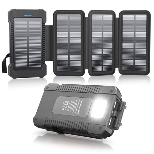 Solar Power Bank 38800mAh with 4 Solar Panels, Portable Charger USB C 18W Fast Charging for iPhone Samsung, IP67 Waterproof Outdoor External Battery Pack with Flashlight/SOS/Strobe (Black, 38800mAh)