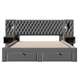 Polsterbett Doppelbett Bettanlage 180x200 cm, Schlafzimmer Komplett Set mit 2x Nachtkommoden und 4 Schubladen, LED Kopfteil Stauraumbett mit Leselicht & USB Ladefunktion, Samt, Ohne Matratze, Grau