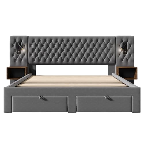Polsterbett Doppelbett Bettanlage 180x200 cm, Schlafzimmer Komplett Set mit 2x Nachtkommoden und 4 Schubladen, LED Kopfteil Stauraumbett mit Leselicht & USB Ladefunktion, Samt, Ohne Matratze, Grau