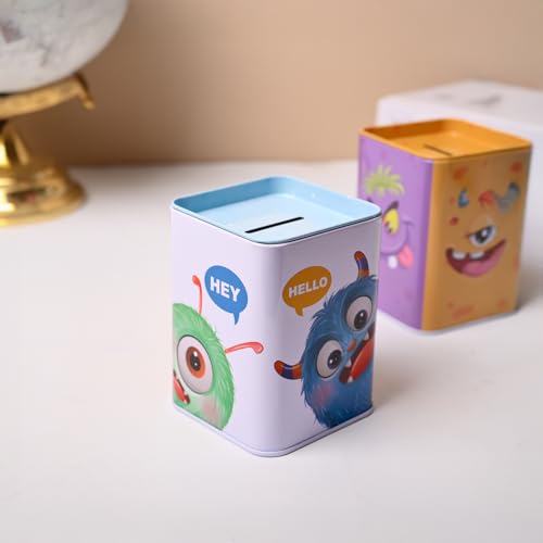 Image of Market99 Square Money Bank | Multi-Color Tin Coin Bank with Glossy Finish & Animal Face Print | Cute & Durable Piggy Bank for Kids & Adults | Ideal for Coin Saving at Home, Desk & Gifting Use