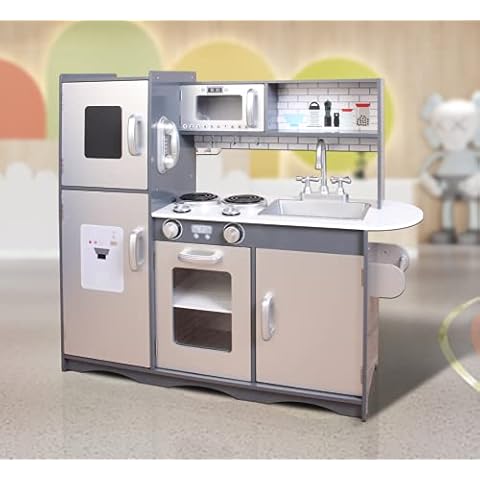 Large Kids Wooden Play Kitchen With Utensils Toys Children's Role Play Pretend Set Toy (Grey) Cover