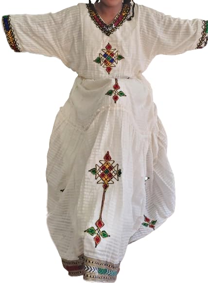 Ethiopian/Eritrean Traditional Habesha (kemis) Dress with Tilet (የሐበሻ የሐገር ባህል ልብስ). White2