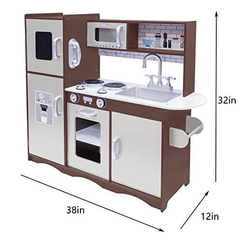 Kitchen Playset for Kids Ages 3-8, Wooden Pretend Play Kitchen with Realistic Sounds, Including Telephone, Ice Maker, Refrigerator, Dimensions: 35” H x 31” W x 12” D (Black)