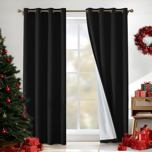 CYCMACO 100% Cortinas Opacas 2 Piezas, 140x175cm, Lino Cortinas Dormitorio, Cortina Termica Aislante Frio Y Calor, Modernas Suave Cortina Insonorizantes, para Salon Dormitori, Negro