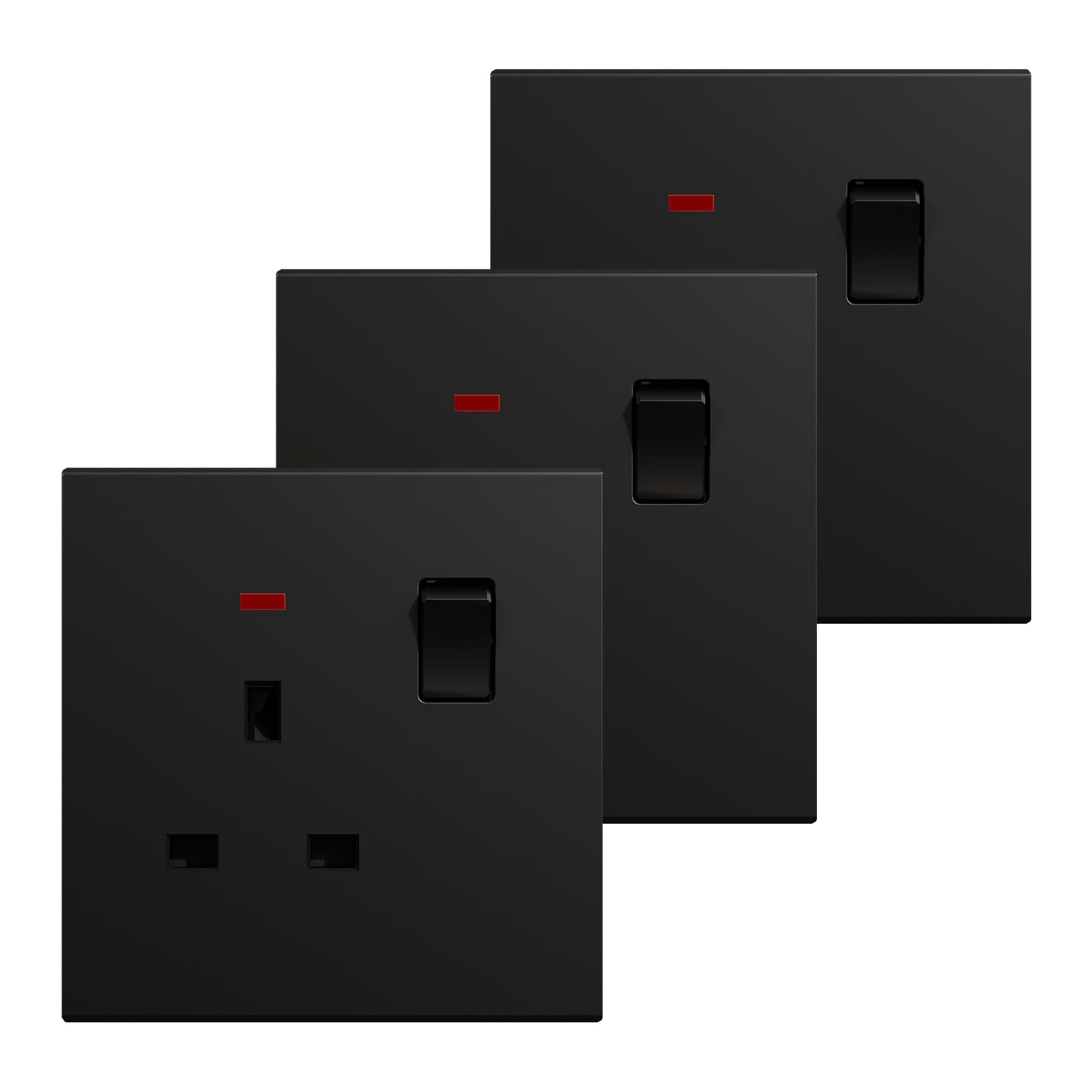 BSEED Single Socket 3 Pack, Electrical Single Switched Power Plug Wall Socket with LED Indicator, PC Wall Plate Outlet, Black, 13A