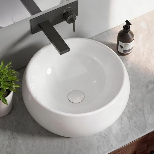 NUESTRA VIDA Lavabo Salle de Bain - Ø 400 x 155 mm - en Céramique - Ronde - Blanc - Lave-Mains Évier - Lavabo Vasque à Poser sur Meuble - Design Moderne