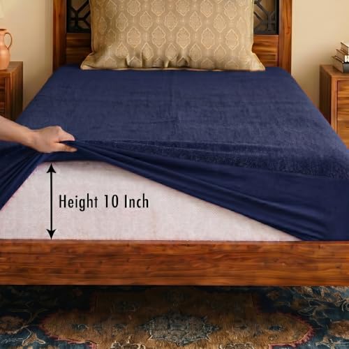 Image of Lithara Terry Cotton Fitted Mattress Protector for Single Bed | Waterproof & Elastic Band | Ultra Soft & Hypoallergenic Mattress Cover | Size : 36 x 72 Inches (3 x 6 Feet) | (Navy Blue)