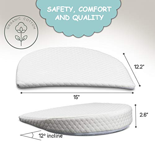 Zermätte Bassinet Wedge Pillow for Reflux Baby Sleep- for Infant and Newborn Colic & Congestion - Premium Organic Cotton Cover with Anti-Skid Bottom - Waterproof Inner Cover - Storage Bag (15")