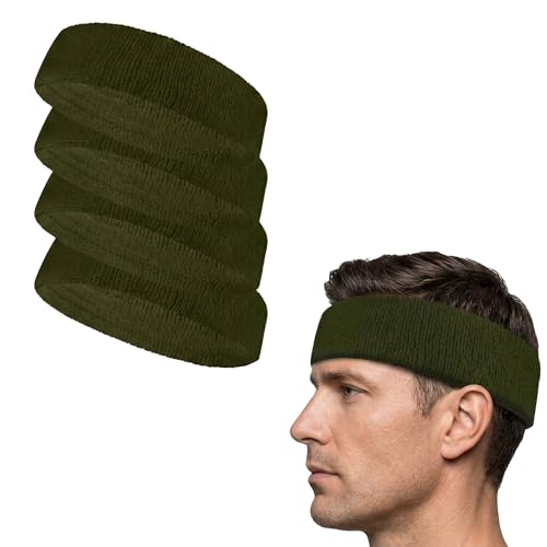 COUVER Terry Cloth Sports Headband 4 Pack, Army Green, One Size