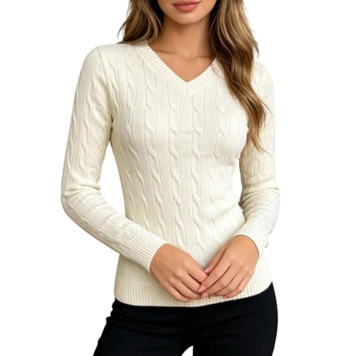 V Neck Sweaters for Women Cable Knit Fitted Long Sleeve Pullover - image 1