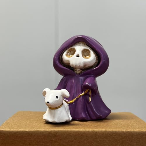 Daisylily Adorable Skull Grim Reaper Statue with Walking Dog Ghost Statue Figurine Halloween Home Tabletop Decoration - Walking Dog
