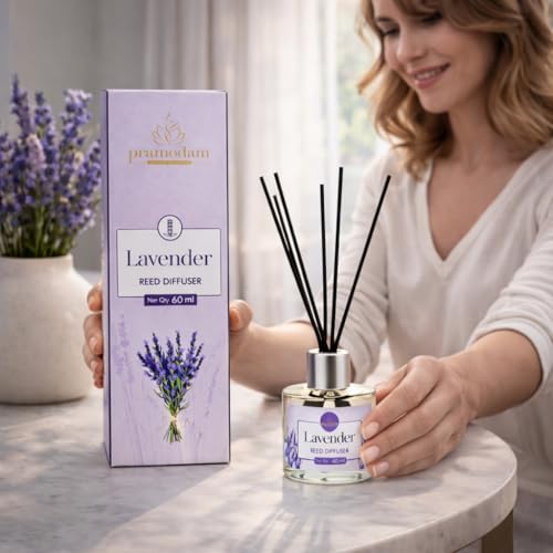 PRAMODAM Lavender Reed Diffuser Set 60 ml | 6 Fiber Reed Sticks 8" | Stress Relief & Aromatherapy | Long-Lasting, Smoke-Free Air Freshener for Home, Bedroom & Office | Ideal for Gifting 3