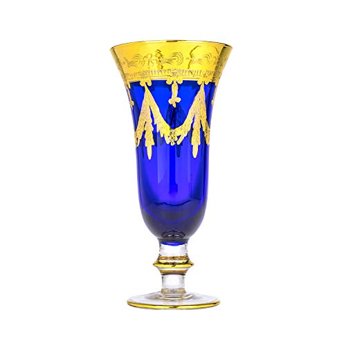 Interglass Italy Crystal Champagne Flutes Vintage Design 24K Gold Hand Decorated, 9 oz (Cobalt Blue Champagne)