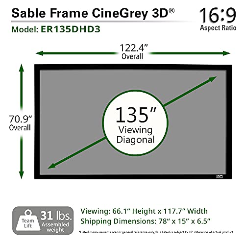 Image of Elite Screens 135-Inch ALR Projector Screen 16:9 - Ceiling & Ambient Light Rejecting, Fixed Frame Wall Mounted, ISF-Certified CineGrey 3D for Home Theater, Standard Throw Projectors, ER135DHD3