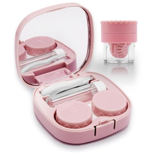 Estojo para lentes de contato com lavadora de limpeza e espelho – kit de viagem inclui aplicador, removedor, frasco de solução e armazenamento à prova de vazamento para uso diário e externo (rosa)