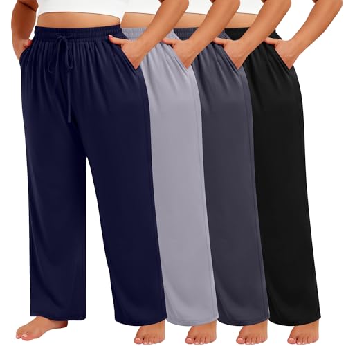 Neer 4 Pack Women's Plus Size Sweatpants Wide Leg Elastic Waist Loose Fit Lounge Pants Drawstring Jogger with Pockets