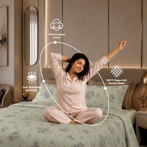 Image of Jaipur Weaves Cotton Percale King Size Bedsheet 108x108 Super King, 100% Pure Cotton Bed Sheet with 2 Pillow Covers, 300 TC Soft Breathable Floral Design Bedding (Floral Green, Super King)