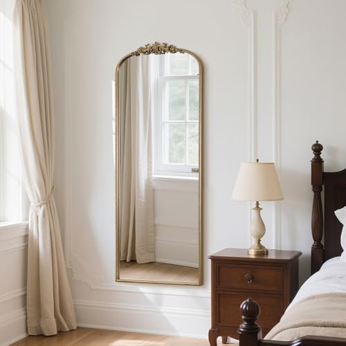 Image of WallBeyond Arched Full Length Mirror Wall Mounted, 21x56 Inch Gold Antique Mirror, Vintage Metal Frame Full Body Mirro for Bedroom, Living Room, Hanging or Leaning