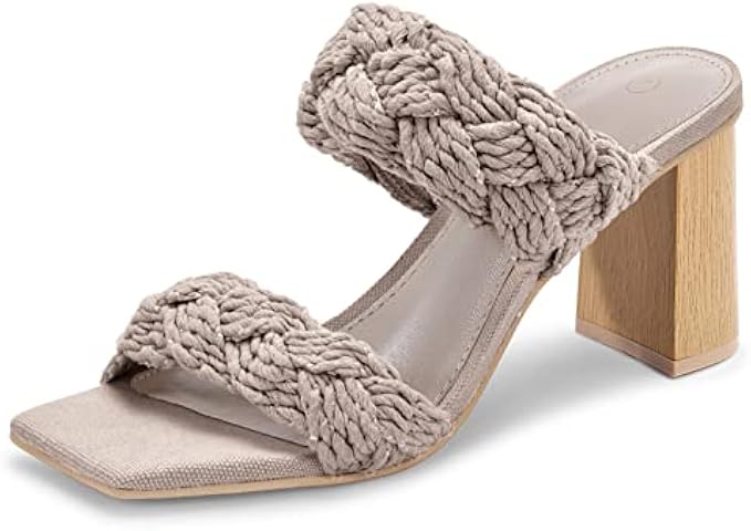 Womens Braided Two Strap Heeled Slides Chunky Block Heels Sandals Boho Dressy Summer Slip On Shoes