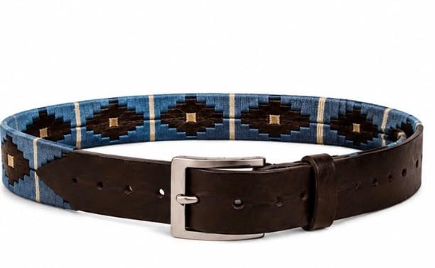 Polo Belt with Blue Embroidered Pattern, Brown Leather-image-3