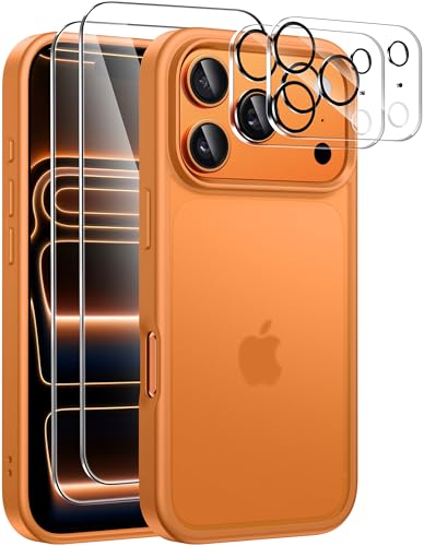 Guisessy 5 en 1 Funda para iPhone 17 Pro con 2 Protector de Pantalla y 2 Protector Lente Cámara, Protección Militar PC Resistente Translúcida Antigolpes Antiarañazos Phone Carcasa, Naranja