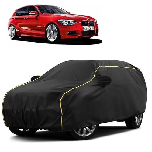 Image of Sulfar 100% Water Resistant Car Body Cover Compatible with Mirror for BMW 118 (Triple Stitched, Full Bottom Elastic, Black Taffeta with Yellow Piping)