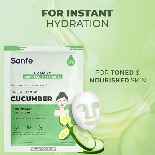 Image of Sanfe Instant Hydration Cucumber Facial Mask | For toned & nourished skin | 100% fruit extracts, Korean Mask | 25gm | Pack of 3