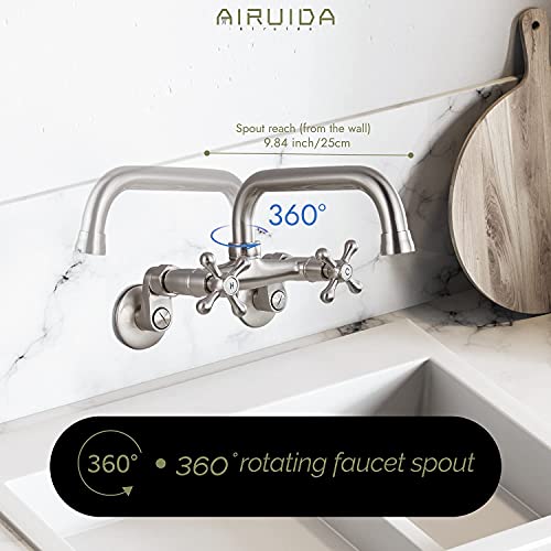 Airuida Matte Black Wall Mount Kitchen Faucet 6 Inch(15Cm) Spout Reach Adjustable Center Double Cross Handles Matching With Freestanding Bathtub Faucet Brushed Nickel Floor Mount Waterfall Tub Filler #TOP5