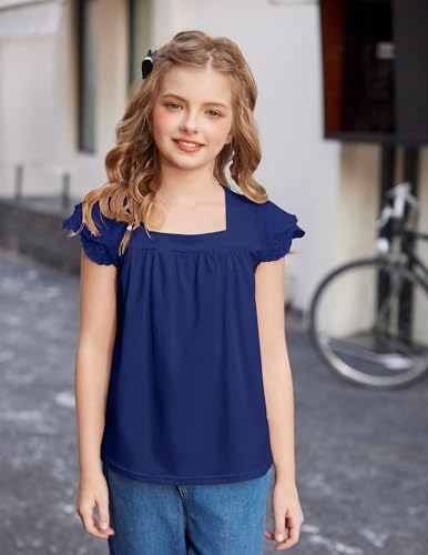 Image of Arshiner Girls Shirts Short Sleeve Square Neck Summer Lace Openwork Pleated Tops Blouse Tunic