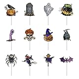 Juego de 36 toppers para cupcakes de Halloween, decoración de cupcakes, decoración de Halloween, fiestas, tartas, comidas, platos de queso, entrantes, espantapájaros, calavera, parca