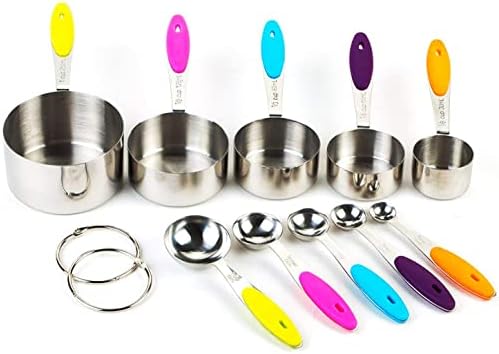 Uten Measuring Cups and Spoons Set of 10, Professional Stainless Steel Cookware Tools with Multicolored Silicone Handles for Measuring Dry and Liquid Ingredients