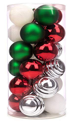 SANNO 24ct Christmas Balls Tree Decorations Red Green White Balls, Traditional Crafting Holiday Wedding Party Xmas Ornament Balls Christmas Baubles Shatterproof Christmas Tree Decorations 60mm