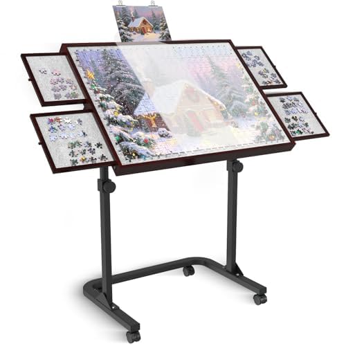 Image of Jigsaw Puzzle Table 1500 Pieces,Adjustable Height&Up Puzzle Board with Cover and 4 Drawers,Puzzle Tables for Adults,Puzzle Board with Cover with Legs for Puzzle Doer(Coffee Color)