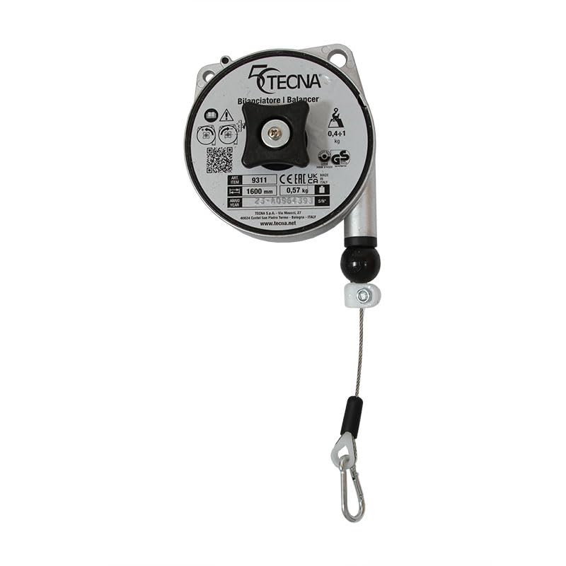 TECNA 9311 Federzug-Balancer – Tragkraft 0,4–1 kg, Seillänge 1600 mm – Aluminiumgehäuse & Edelstahlseil – Werkzeugaufhängung für Werkstatt & Industrie – ergonomisch & langlebig