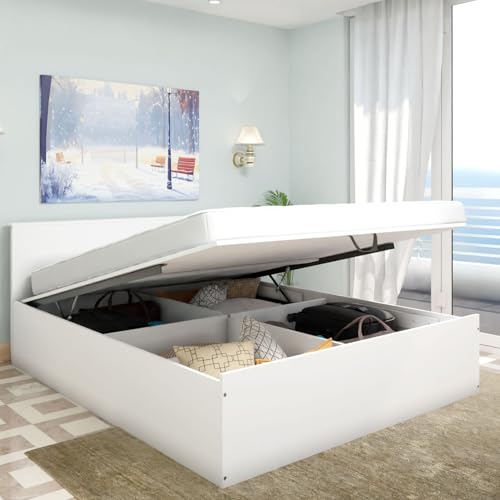 Image of VIKI Hydraulic Queen Size Bed with Storage (78x60) | Engineered Wood Hydraulic Lift Wooden Bed Frame for Bedroom | Modern Storage Cot | Frosty White Finish | Free Assembly | 1 Year Warranty