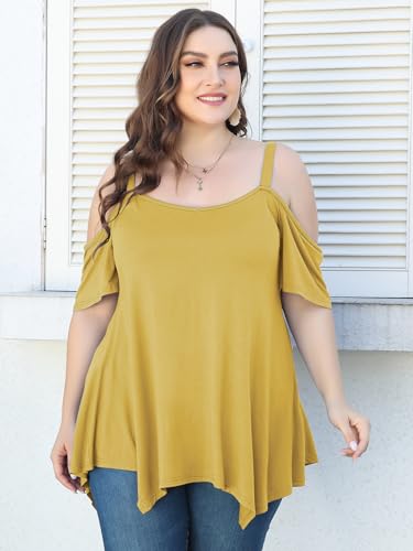 Image of LARACE Cold Shoulder Tops for Womens Summer Clothes Spaghetti Strape Tunic Oversized Shirts Asymmetrical Plus Size Blouse