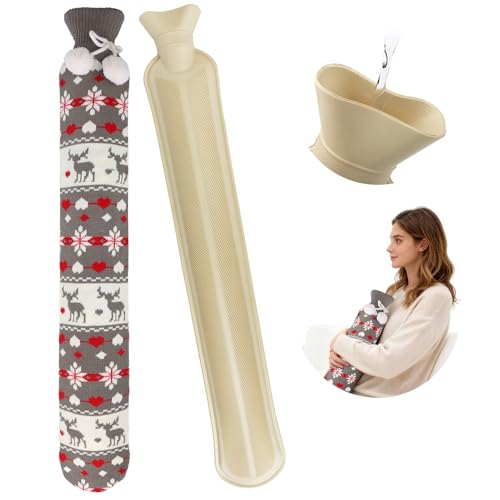 SilverChry Extra Lang Wärmflasche,2L,72cm,Naturkautschuk,Lindert Schmerzen,Hohe Kapazität Schlauch,Wärmflasche Extra Lang Schlauch mit...