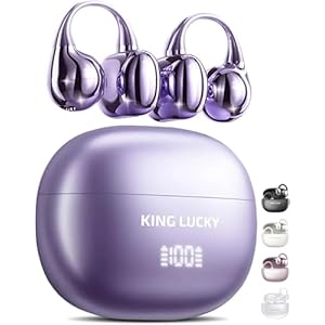 King Lucky Clip-On Earbuds Gen 3, Open-Ear Wireless Bluetooth 6.0 Headphones with Mic, Secure Fit for Small Ears & Glasses Wearers, 50H Playtime, LED Digital Display, ENC, IPX5 Waterproof (Purple)