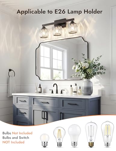 Image of VOLISUN Crystal Vanity Lights for Bathroom, 3 Light Bathroom Vanity Light, Modern Matte Black Bathrooms Light Over Mirror, Black Bathrooms Lights Fixtures-UL Certificated(Exclude Bulb)