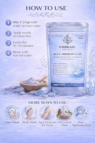 Image of Natural Blue Siberian Clay Powder for Face Pack | Deep Cleansing, Oil Control & Acne Care | Helps Tighten Pores & Improve Skin Texture (100g)