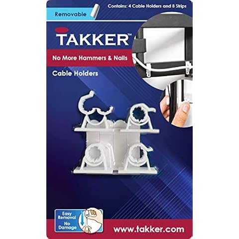 Takker - 4 x Cable Holder Tidy with 8 x Sticky Strips | Cable Hooks, Strong Adhesive, Easy Application, Damage-Free Removal, Re-Useable, No Sticky Residue, for Home, Bathroom, Kitchen, Walls Cover