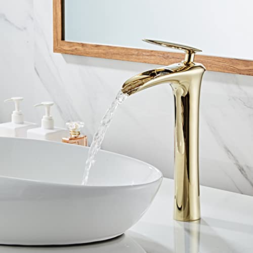 Robinet cascade doré en laiton massif pour vasque haute de salle de bain chic