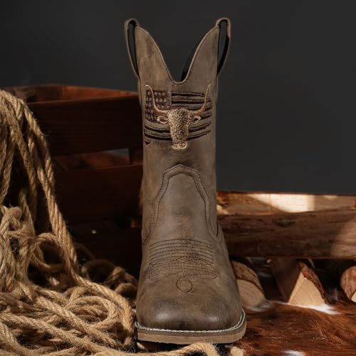 Winbird Cowboy Boots For Men Square Toe Western Men's Boots Vegan/Genuine Leather with Classic Patriot Pull On Boot, Slip Resistant Country Boots Chunky Heel Short Boots for Spring Fall - Image 4